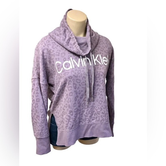 Calvin Klein Pullover Long Sleeve Sweatshirt Purple Leopard Cowl Neck Sz S - Picture 1 of 5